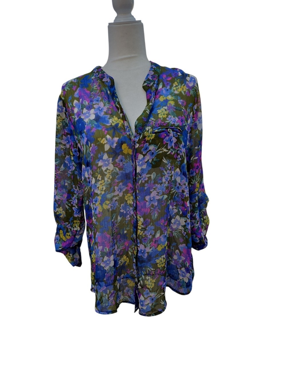 Kut from the Kloth Olive Floral Button-Front Blouse with Blue & Purple Blooms